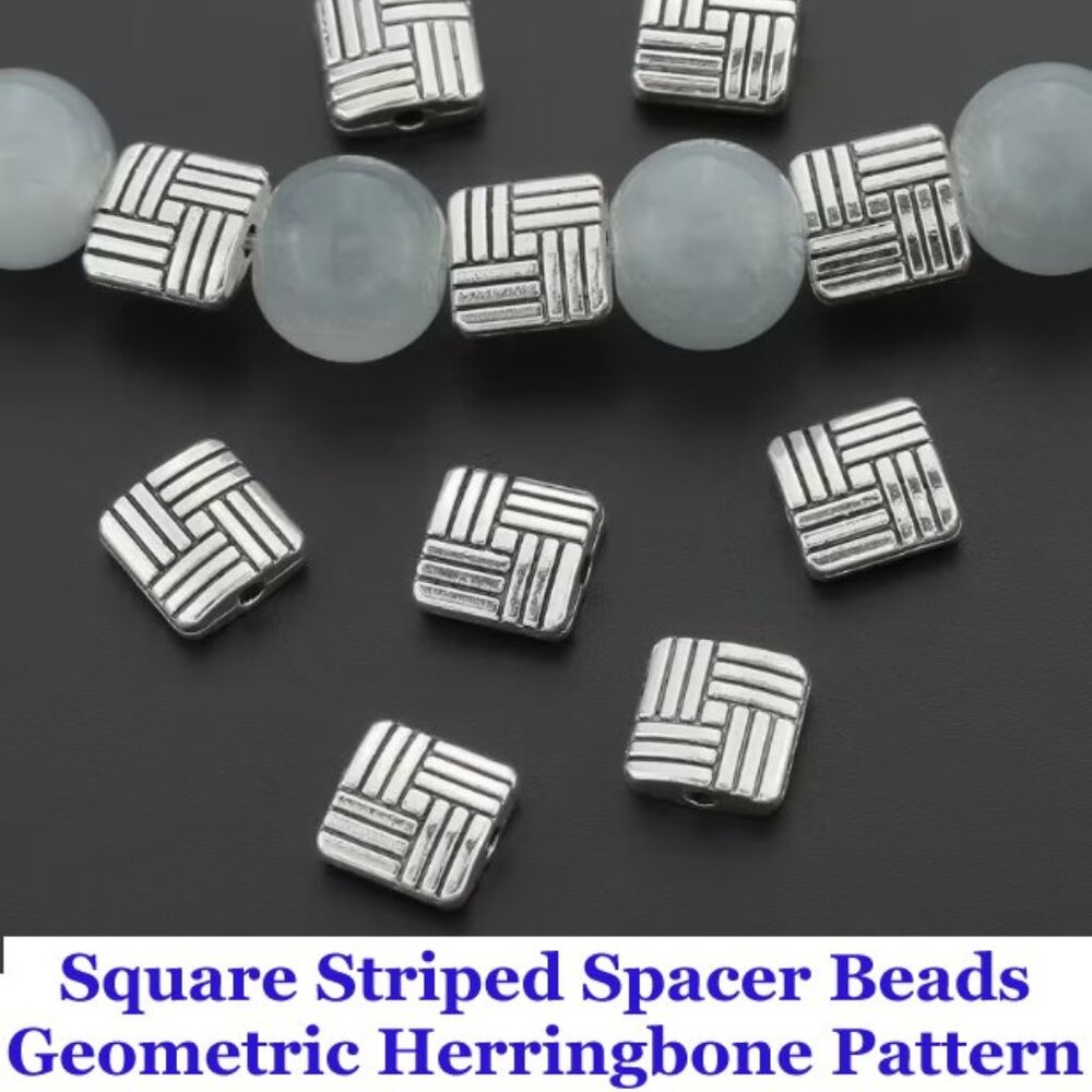  Square Striped Alloy Spacer Beads Geometric Herringbone Pattern 15 Beads